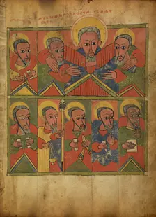 The Prophets with Abraham Embracing Isaac and Jacob; Gospel Book, about 1480-1520. Creator: Unknown