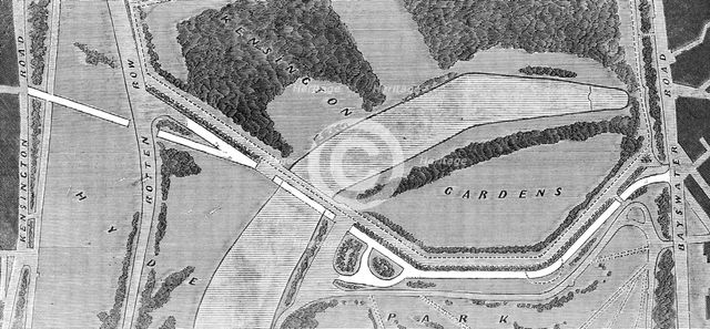 The proposed road through Hyde Park to the International Exhibition, 1862. Creator: Unknown.
