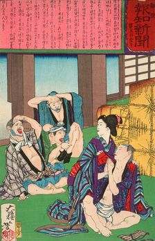 The Prostitute Osai of Shiogama Rescuing a Tokyo Merchant from Gamblers, 1875. Creator: Tsukioka Yoshitoshi