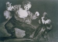 The Proverbs or The Follies, series of etchings by Francisco de Goya, plate 4: Bobalicón (Simpl…
