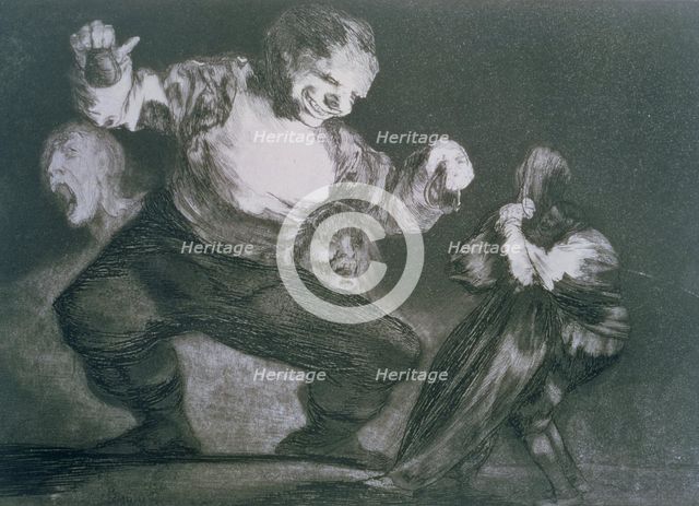 The Proverbs or The Follies, series of etchings by Francisco de Goya, plate 4: 'Bobalicón' (Simpl…