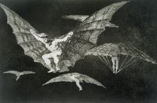 The Proverbs or The Follies, series of etchings by Francisco de Goya, plate 13: Modo de volar (…