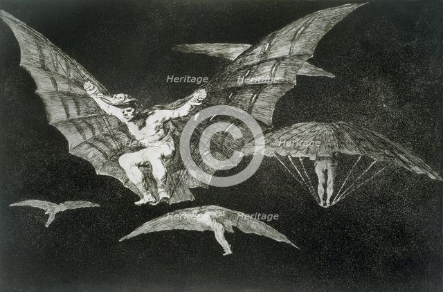 The Proverbs or The Follies, series of etchings by Francisco de Goya, plate 13: 'Modo de volar' (…