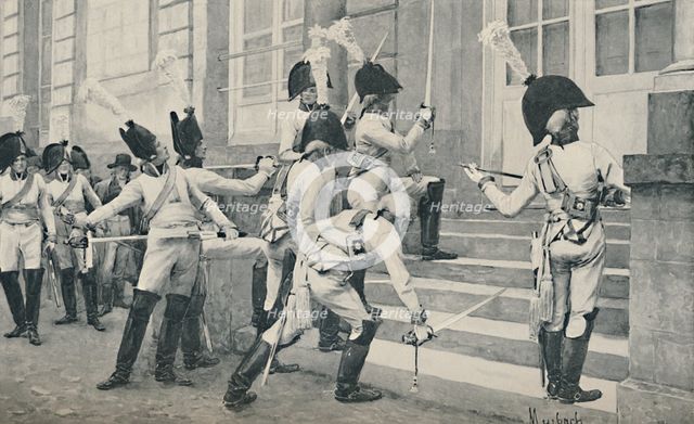 'The Prussian Noble Guard Sharpen Their Swords on the Steps of the French Embassy at Berlin', 1896. Artist: Unknown.