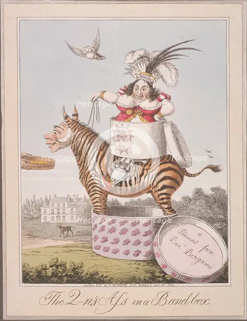 'The Q-n's Ass in a Band-box', 1821. Artist: Anon