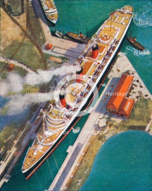 The 'Queen Mary' at Southampton, 1938. Artist: Unknown.