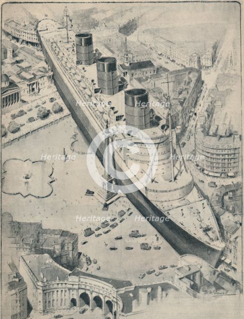 'The Queen Mary In Relation To Trafalgar Square, London', 1936. Artist: Unknown.