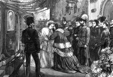 The Queen meeting the Duke and Duchess of Edinburgh at Windsor Railway Station, 1874. Creator: Unknown
