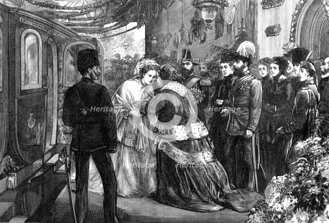 The Queen meeting the Duke and Duchess of Edinburgh at Windsor Railway Station, 1874. Creator: Unknown.