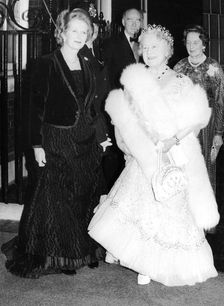 The Queen Mother with Margaret Thatcher outside 10 Downing Street, 1980