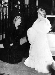 The Queen Mother with Margaret Thatcher outside 10 Downing Street, 1980