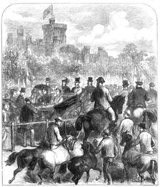 The Queen at the Agricultural Society's Show in the Home Park, Windsor: judging the horses, 1872. Creator: Unknown