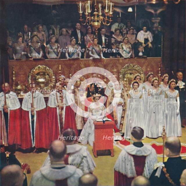 'The Queen, after her entry into the Abbey Church of Westminster, is seated in her Chair of Estate', Artist: Unknown.