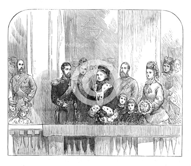 The Queen and Duke and Duchess of Edinburgh at the balcony at Buckingham Palace, 1874. Creator: Unknown.
