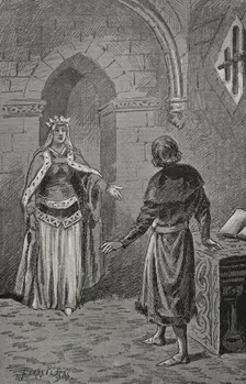 The Queen consort of Aragon Juana Enríquez (1425-1468) visits Charles, Prince of Viana..., 1890. Creator: Joan Serra y Pausas