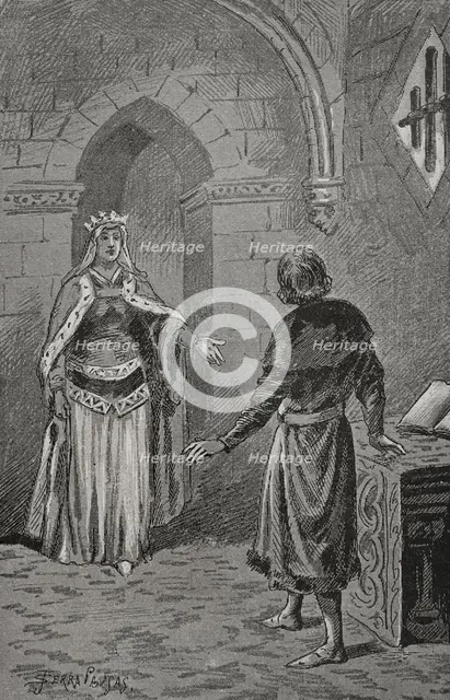 The Queen consort of Aragon Juana Enríquez (1425-1468) visits Charles, Prince of Viana..., 1890.  Creator: Joan Serra y Pausas.