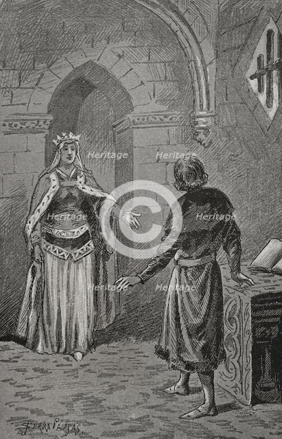 The Queen consort of Aragon Juana Enríquez (1425-1468) visits Charles, Prince of Viana..., 1890.  Creator: Joan Serra y Pausas.