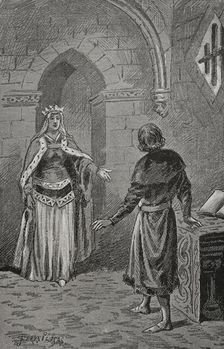 The Queen consort of Aragon Juana Enríquez (1425-1468) visits Charles, Prince of Viana..., 1890. Creator: Joan Serra y Pausas