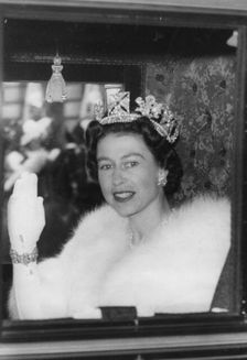 The Queen in the Irish state coach on the way to the state opening of Parliament, 31st October 1961