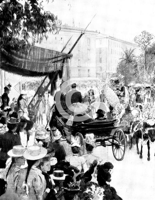 The Queen in the Riviera: Her Majesty witnessing the Children's Battle of Flowers at Nice, 1898. Creator: Unknown.
