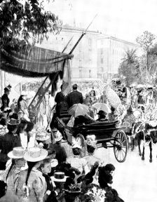 The Queen in the Riviera: Her Majesty witnessing the Children's Battle of Flowers at Nice, 1898. Creator: Unknown