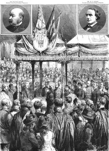 The Queen laying the Foundation Stone of the New Medical Examination Hall on the Victoria Embankmen Creator: Durand