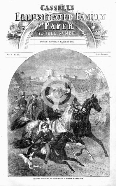 'The Queen, Prince Albert, and Prince of Wales, on horseback in Windsor Park: Front Page; Cassells I Creator: Unknown.