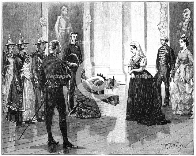 The queen receiving the Burmese embassy, mid-late 19th century, (1900).Artist: William Barnes Wollen