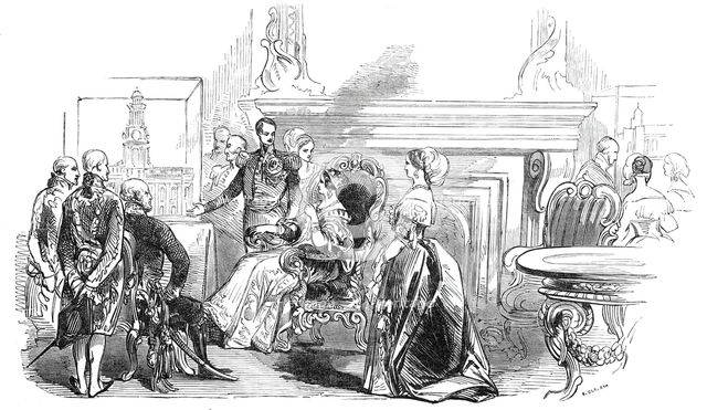The Queen's Drawing Room - Her Majesty inspecting Mr. Tite's models of the Royal Exchange, 1844. Creator: Stephen Sly.