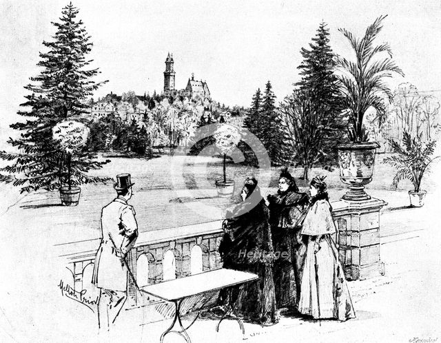 The Queen's Visit to...Friedrichshof: Her Majesty on the Castle terrace, 1895. Creator: George Meisenbach.