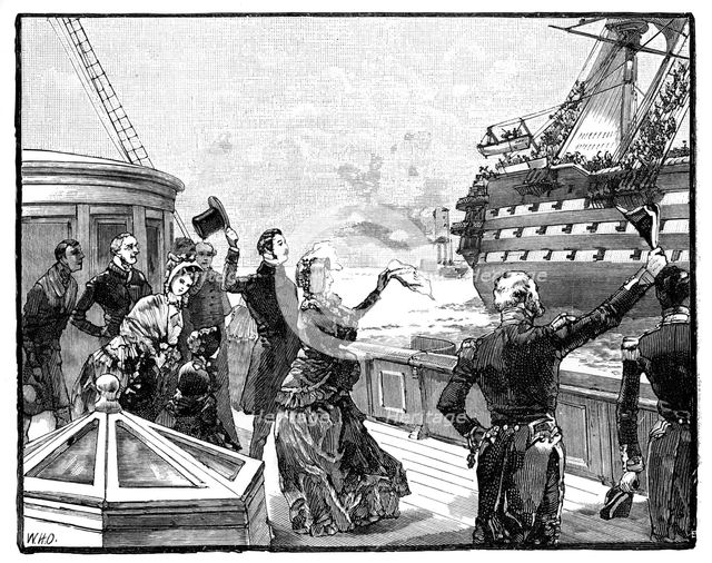 The Queen waving farewell to the 'Duke of Wellington' flagship, c1850s, (1888). Artist: Unknown