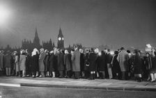 The queue on Lambeth Bridge to pay homage to Winston Churchill at Westminster Hall, 1965