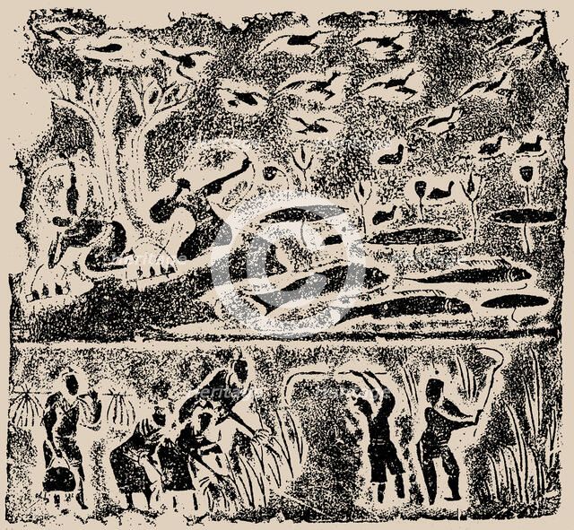 The rubbing from the Brick Relief with Harvesting, Fishing and Hunting Scene, 25-220. Creator: Central Asian Art.