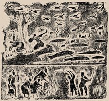 The rubbing from the Brick Relief with Harvesting, Fishing and Hunting Scene, 25-220. Creator: Central Asian Art