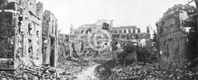 The ruined town and church bell tower of Albert, Somme, France, 22 August 1918. Artist: Unknown