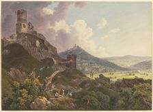 The Ruins of Gleiberg and Vetzberg near Gießen, on the left the two castle ruins on hills..., 1803. Creator: Friedrich Christian Reinermann