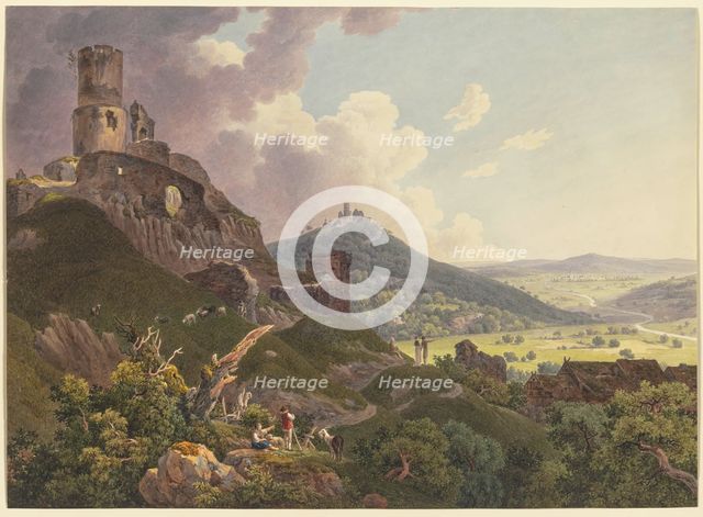 The Ruins of Gleiberg and Vetzberg near Gießen, on the left the two castle ruins on hills..., 1803. Creator: Friedrich Christian Reinermann.