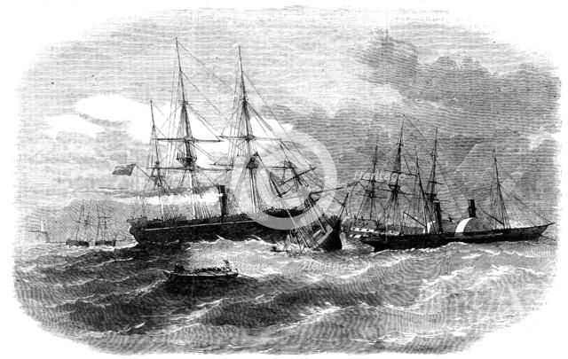 The Running Down of the Brigantine "Virtue" by the "Resolute" Transport, in Kingstown Harbour, 1856. Creator: Smyth.