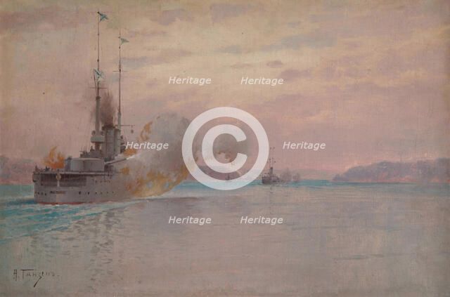 The Russian naval bombardment of the Bosphorus, 1915-1916. Artist: Hansen (Hanzen), Alexey (1876-1937)