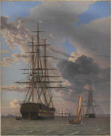 The Russian Ship of the Line "Asow" and a Frigate at Anchor near Elsinore, 1828. Creator: CW Eckersberg