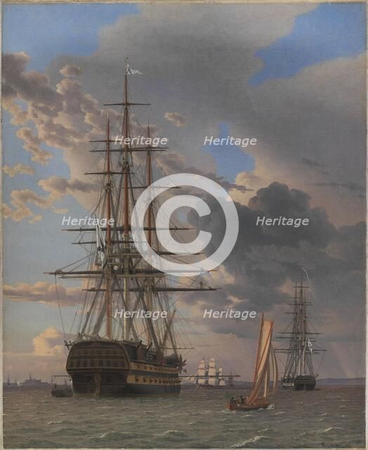 The Russian Ship of the Line "Asow" and a Frigate at Anchor near Elsinore, 1828. Creator: CW Eckersberg.