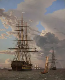 The Russian Ship of the Line Azov and a Frigate at Anchor in the Roads of Elsinore, 1828. Artist: Eckersberg, Christoffer-Wilhelm (1783-1853)