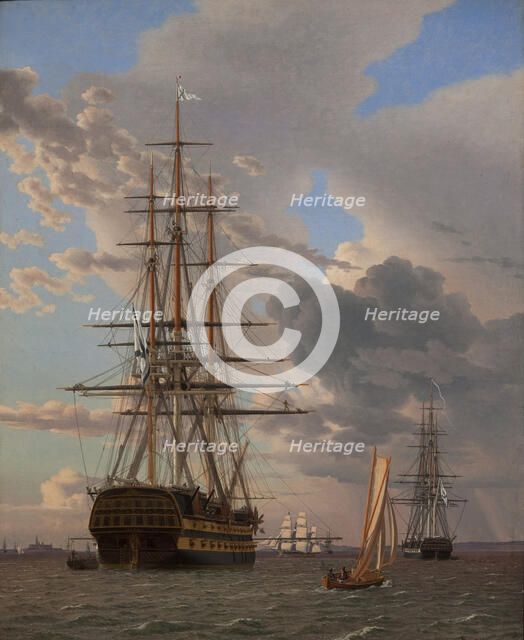 The Russian Ship of the Line Azov and a Frigate at Anchor in the Roads of Elsinore, 1828. Artist: Eckersberg, Christoffer-Wilhelm (1783-1853)