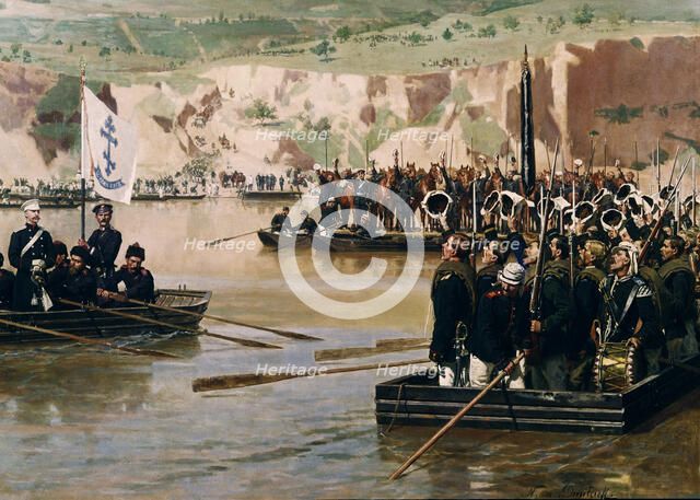 The Russians crossing the Danube at Svishtov in Juny 1877, 1870s. Artist: Dmitriev-Orenburgsky, Nikolai Dmitrievich (1837-1898)