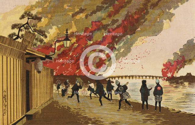 The Ryogoku Fire Sketched from Hamacho on the 26th of January, 1881, (1881). Creator: Kobayashi Kiyochika.