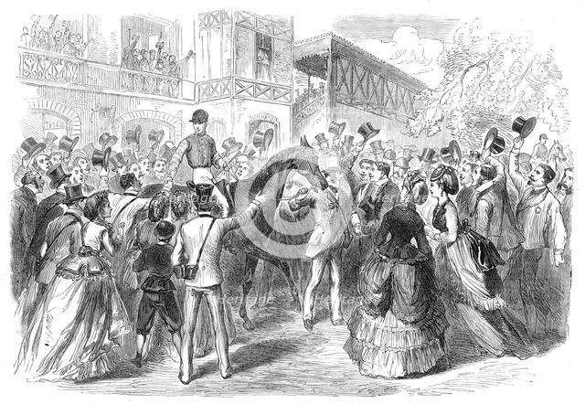The Race for the Grand Prix de Paris: the winner led to the weighing place, 1870. Creator: Unknown.