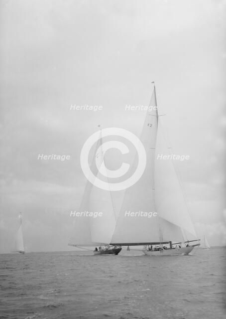 The racing yachts 'Astra' and 'Endeavour', 1936. Creator: Kirk & Sons of Cowes.