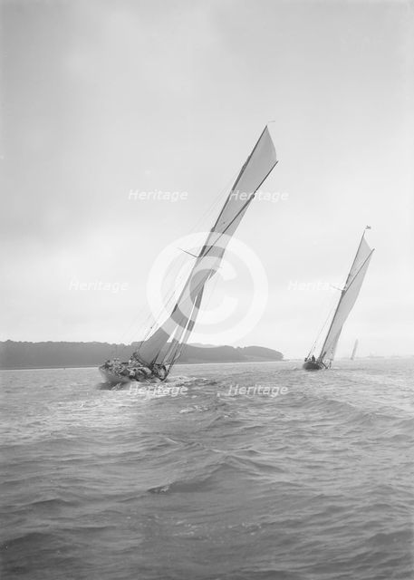 The racing cutters 'Rosamond' and 'Creole' sailing close-hauled, 1911. Creator: Kirk & Sons of Cowes.