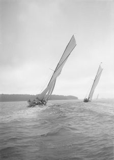 The racing cutters Rosamond and Creole sailing close-hauled, 1911. Creator: Kirk & Sons of Cowes