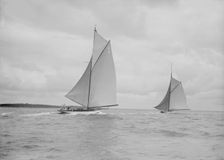 The racing cutters The Lady Anne and Istria running downwind, 1912. Creator: Kirk & Sons of Cowes